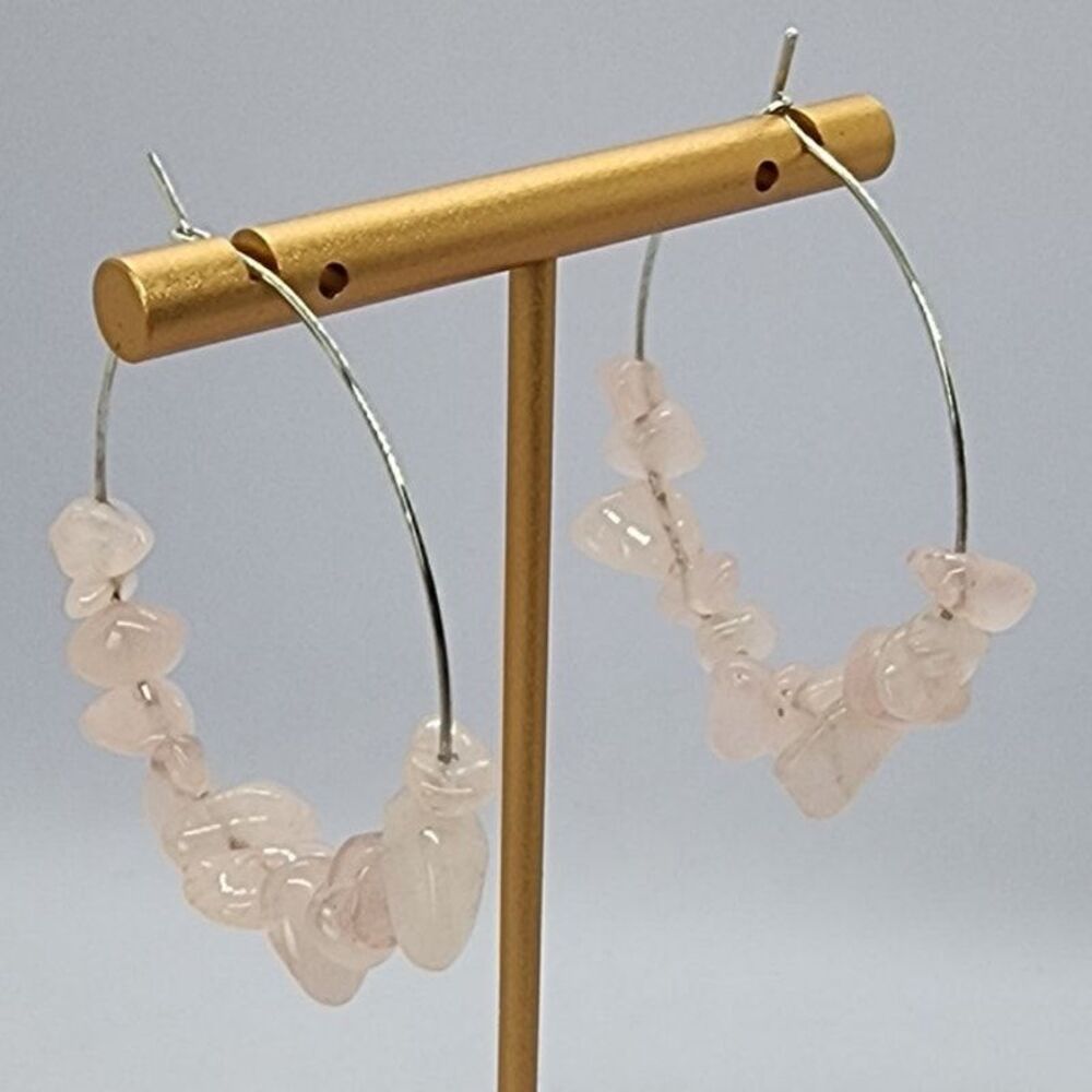 Pale Pink Rose Quartz Hoop Earrings Chips Beads on Wire Hoops